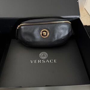 Versace Black Leather Pouch with Gold Zipper